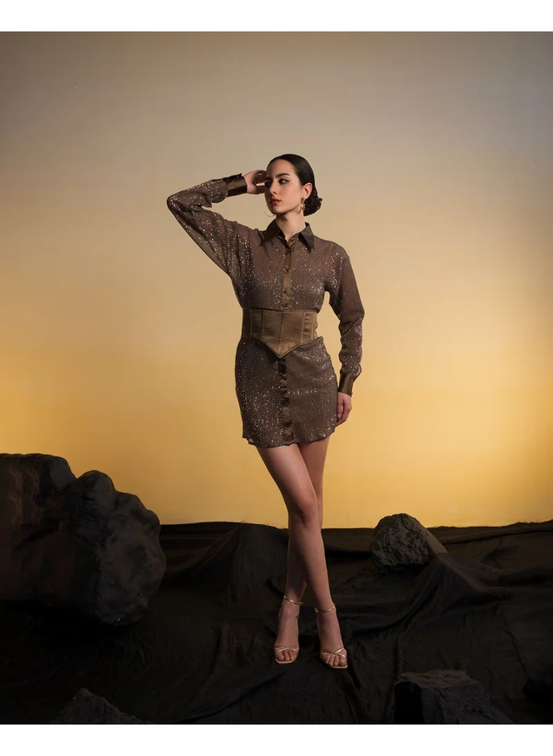 Ohsofly  Women’s Embroidered Shirt Dress with Customized Satin Belt, Sleek Fit and Sophisticated Appeal, High-Quality Finish and Modern Style for Casual Wear and Social Events for Women | Best Price UAE